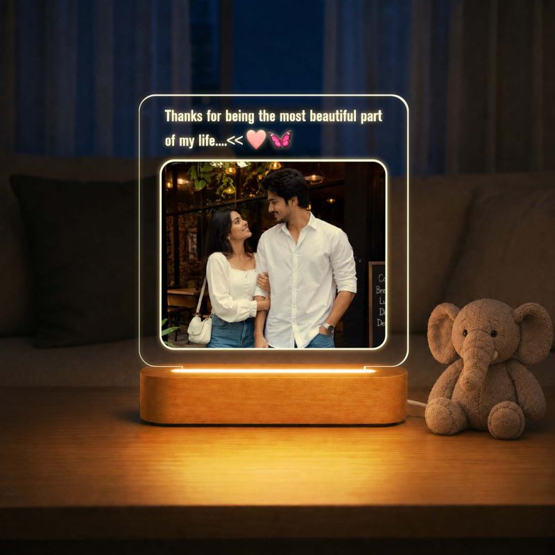 Personalized Couple Acrylic LED Lamp with Wooden Base Gift for Birthday, Anniversary, Valentines Day, Husband Wife Memorable Gift for Couples  Long Distance Couple Gift